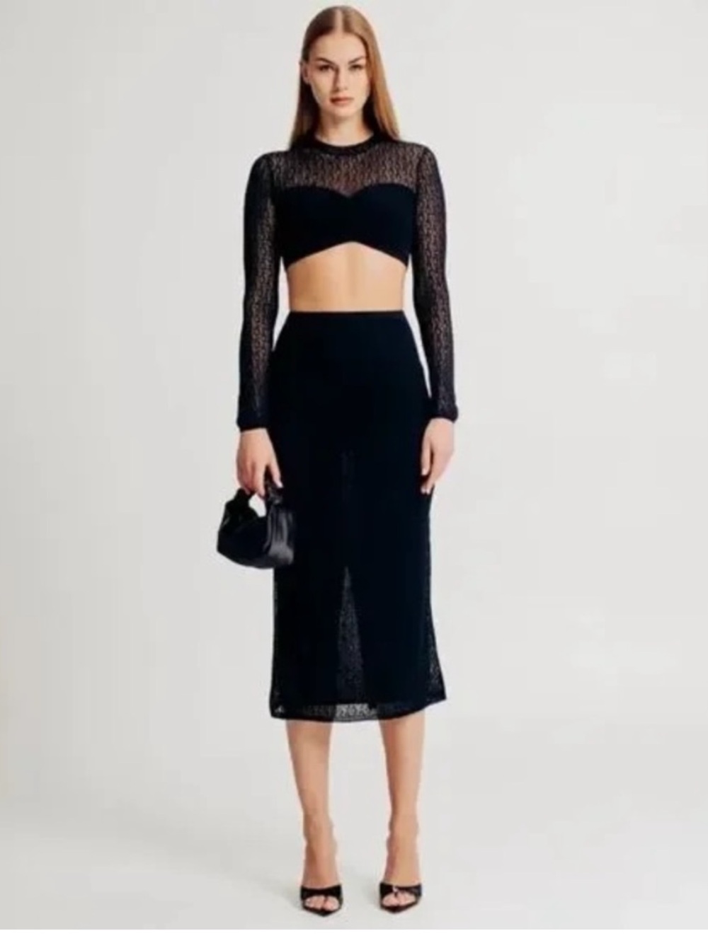 Torn by Ronny Kobo Pointelle Lace Knit Beverly Midi Skirt
